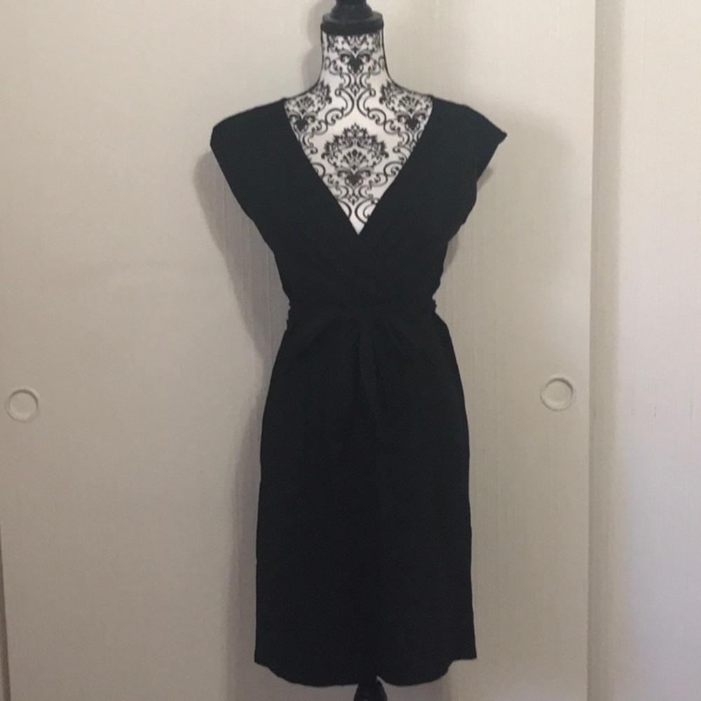 Loft black stretchy black dress with wrap detail in the front and belt